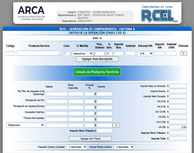 Listado de productos para Factura electrónica RECE