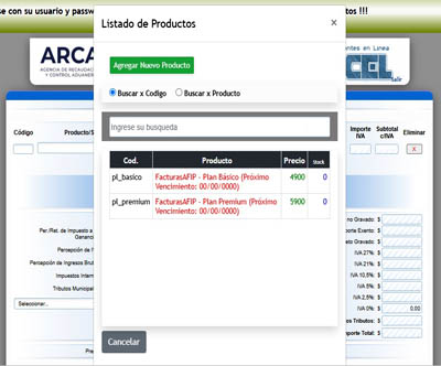 Seleccion de productos para Factura electrónica